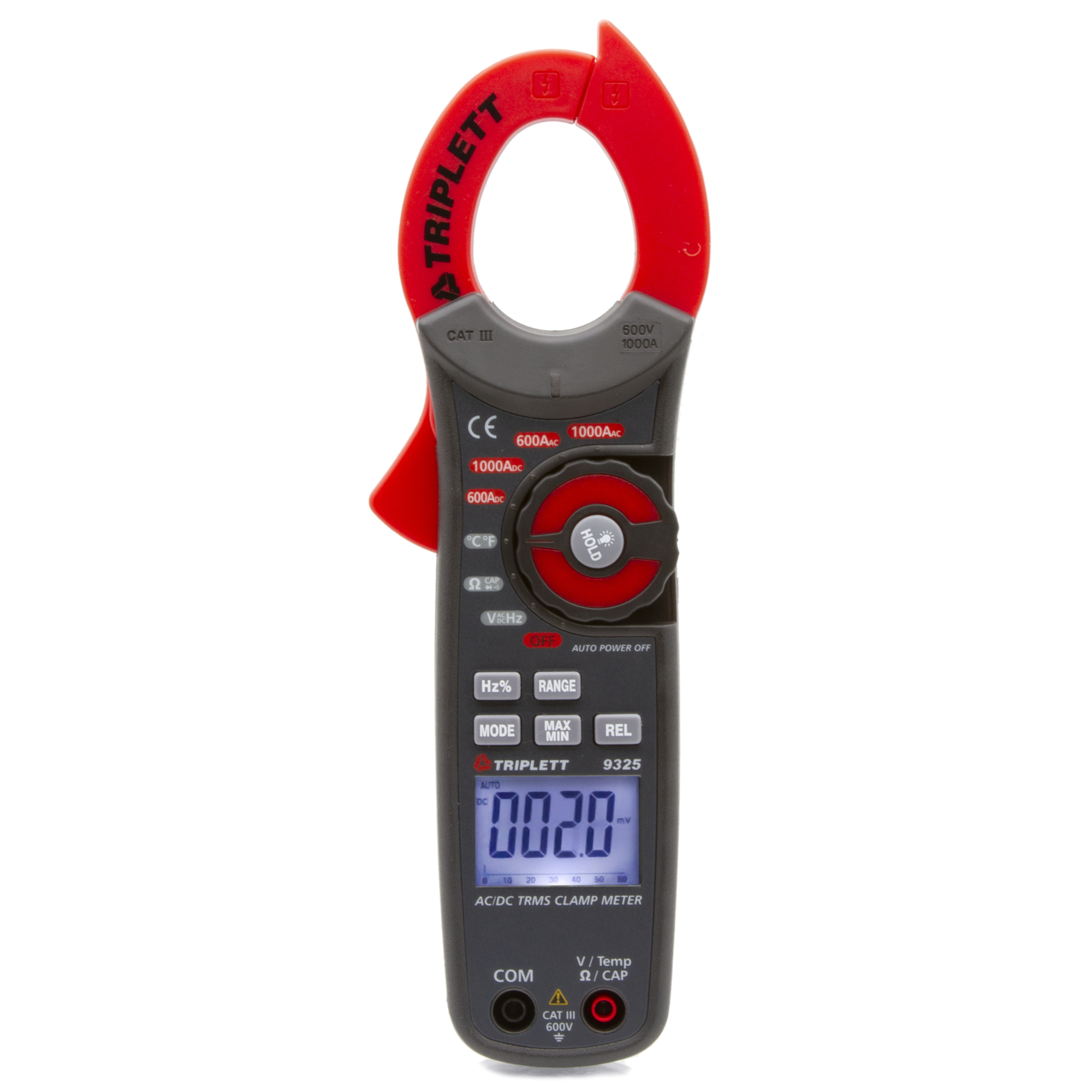Triplett True RMS AC/DC Clamp-On Meter — 1000A, Backlit LCD, Temperature Measurement, Model# 9325